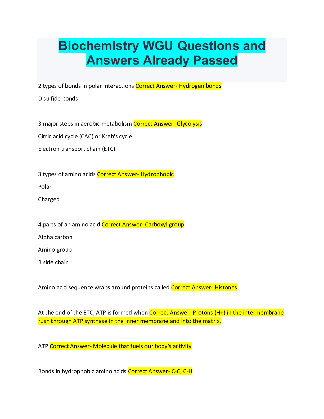 Preview image for Biochemistry WGU Questions and Answers Already Passed